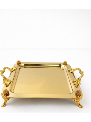 Bereketli Store Varak Detaylı Aynalı Ayaklı Kare Tepsi | Dekoratif Sunum ve Servis Tepsisi