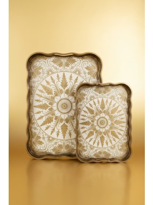 Bereketli Store Elio Model Aynalı Eskitme 2'li Tepsi Seti | Gold Detaylı Dekoratif Sunum Tepsisi