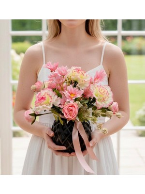 Sedosh Home Vision Pembe Karanfil Gül Yapay Çiçek Aranjmanı Cam Vazoda Dekoratif