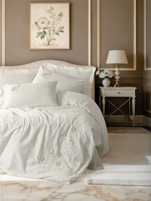 Nerm 3D Nakışlı Çift Kişilik Saten Nev Takımı Gilded Ekru