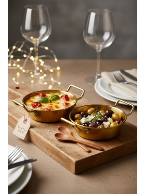 Bereketli Store 2’li Kulplu Tava Görünümlü 14 cm Gold Sunumluk Seti – Dekoratif Sunum Tabağı