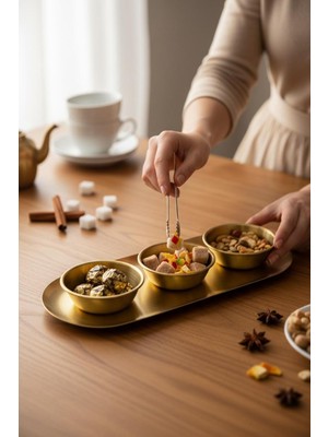 Bereketli Store 1 Tepsi 3’lü Mini Lokumluk Seti – Gold / Şık Dekoratif Sunumluk