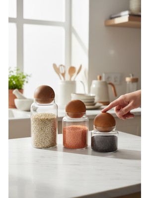 Mien 3’lü Top Kapaklı Cam Kavanoz Seti – Baharat, Kuruyemiş ve Gıda Saklama Kavanozu