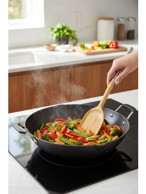 Bereketli Store Metal Saplı Bambu Makarna Servis Kaşığı Doğal Bambu Mutfak Gereci