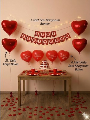 Çavuş E-Ticaret Seni Seviyorum Süsleme Seti,aşk,romantik,seni Seviyorum Banner, 2li Kalp Folyo & 4lü Kalp Balon Seti