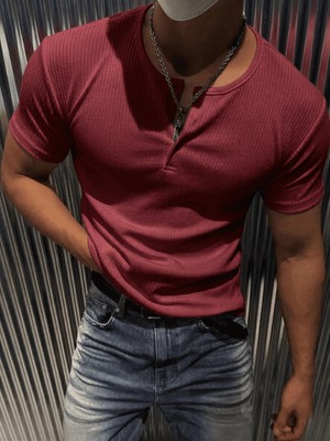 Oksit San Loe Erkek Slim Fit Likralı Henley Yaka Kısa Kollu Tişört - Düğmeli Esnek Kumaş