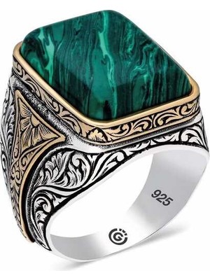 Inure Jewelry Gümüş Çizgili Malahit Taşlı Kare Erkek Yüzük