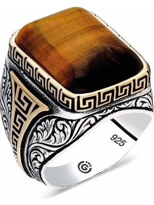 Inure Jewelry ​gümüş Kaplan Gözü Taşlı Kare Erkek Yüzük