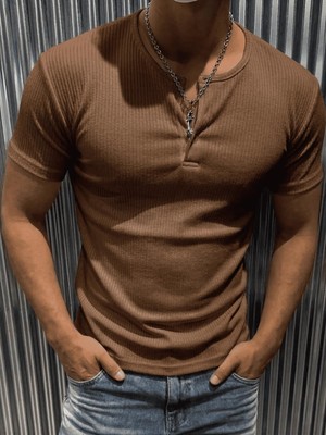 Oksit San Loe Erkek Slim Fit Likralı Henley Yaka Kısa Kollu Tişört - Düğmeli Esnek Kumaş