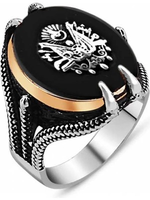 Inure Jewelry Gümüş Siyah Taşlı Kartal Pençesi Osmanlı Devlet Arması Erkek Yüzük