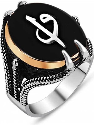 Inure Jewelry Gümüş Siyah Taşlı Kartal Pençesi Elif Vav Erkek Yüzük