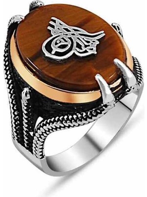 Inure Jewelry Gümüş Kaplan Gözü Taşlı Tuğralı Erkek Yüzük