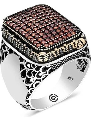 Inure Jewelry Gümüş Kırmızı Zirkon Taşlı Kare Erkek Yüzük