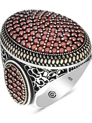 Inure Jewelry Gümüş Kırmızı Zirkon Taşlı Oval Erkek Yüzük