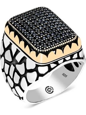 Inure Jewelry Gümüş Siyah Zirkon Taşlı Kare Erkek Yüzük