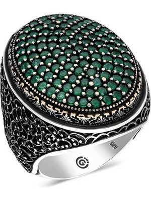 Inure Jewelry Gümüş Yeşil Zirkon Taşlı Oval Erkek Yüzük
