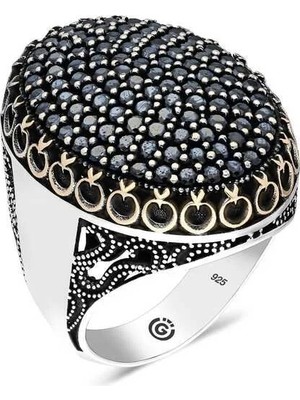 Inure Jewelry Gümüş Siyah Zirkon Taşlı Oval Erkek Yüzük
