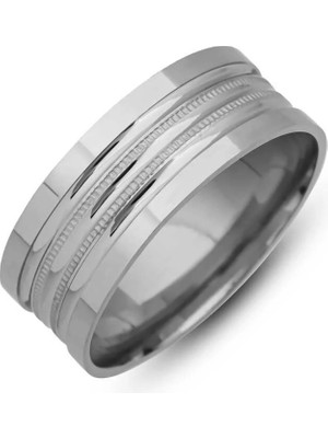 Inure Jewelry Gümüş Çizgi Desenli Rodyum Alyans