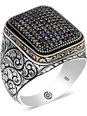Inure Jewelry Gümüş Siyah Zirkon Taşlı Kare Erkek Yüzük