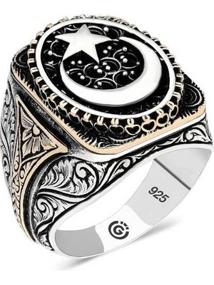 Inure Jewelry Gümüş Ay Yıldız Oval Erkek Yüzük