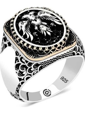 Inure Jewelry Gümüş Çift Başlı Kartal Oval Erkek Yüzük