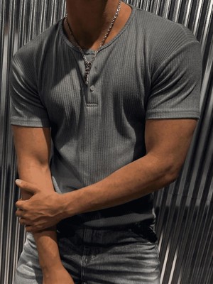 Oksit San Loe Erkek Slim Fit Likralı Henley Yaka Kısa Kollu Tişört - Düğmeli Esnek Kumaş