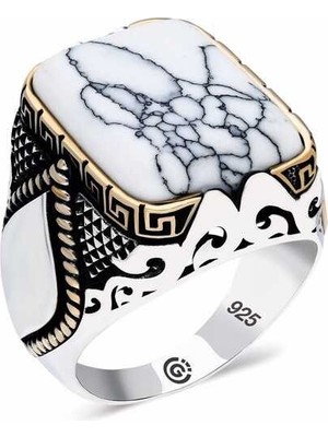 Inure Jewelry ​gümüş Çizgili Beyaz Taşlı Köşeli Erkek Yüzük
