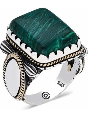 Inure Jewelry ​gümüş Kare Yeşil Akik Taşlı Erkek Yüzük