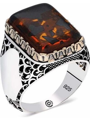 Inure Jewelry ​gümüş Sıkma Kehribar Taşlı Kare Erkek Yüzük