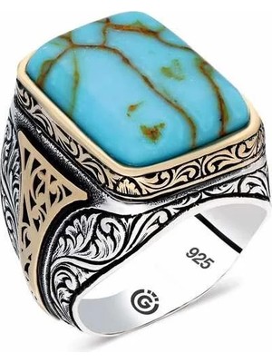 Inure Jewelry ​gümüş Turkuaz Çizgi Geçişli Taşlı Kare Erkek Yüzük