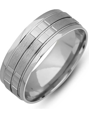 Inure Jewelry Gümüş Çizgi Desenli Rodyum Alyans