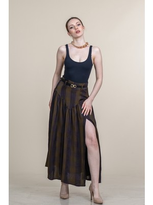 MissVina Korsaj Detay Ekose Desen Yırtmaçlı Saten Viskon Kemerli Etek 6889