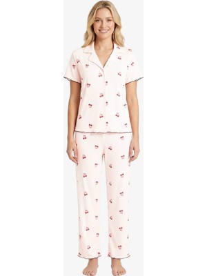 Cottonhill Krem Kiraz Desenli Pointel Gömlek Yaka Kadın Pijama Takımı