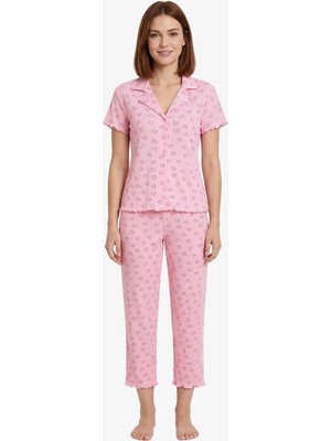 Cottonhill Pudra Kalp Desenli Pointel Gömlek Yaka Kadın Pijama Takımı