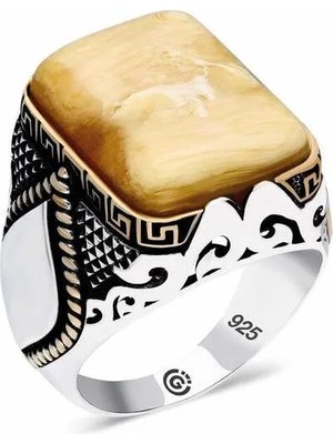 Inure Jewelry ​gümüş Kehribar Taşlı Köşeli Erkek Yüzük