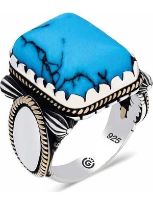 Inure Jewelry Gümüş Zirkon Turkuaz Taşlı Kare Erkek Yüzük