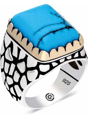Inure Jewelry Gümüş Zirkon Turkuaz Taşlı Kare Erkek Yüzük