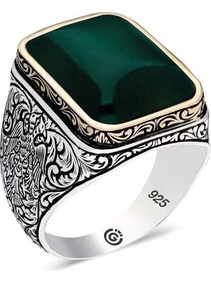 Inure Jewelry ​gümüş Koyu Yeşil Akik Taşlı Köşeli Erkek Yüzük