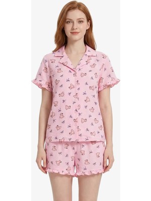 Cottonhill Pudra Ayıcık Desenli Bürümcük Gömlek Yaka Kadın Şortlu Pijama Takımı