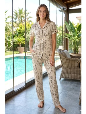 Remsa Kadın Viskon Kısa Kol Pijama Takımı 3366 Kahverengi
