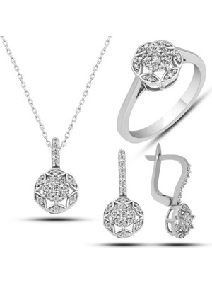 Inure Jewelry Gümüş Beyaz Zirkon Taşlı Çiçek Kadın Set