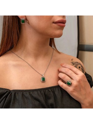 Inure Jewelry Gümüş Yeşil Taşlı Otantik Kadın Set