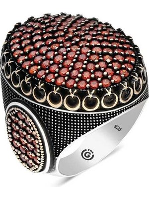Inure Jewelry Gümüş Kırmızı Zirkon Taşlı Oval Erkek Yüzük