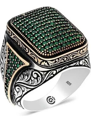 Inure Jewelry Gümüş Yeşil Zirkon Taşlı Kare Erkek Yüzük
