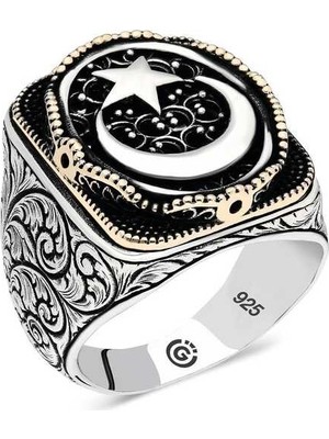 Inure Jewelry Gümüş Ay Yıldız Oval Erkek Yüzük