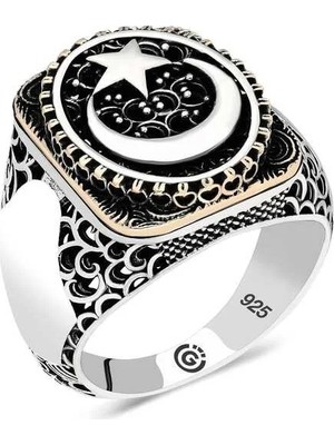 Inure Jewelry Gümüş Ay Yıldız Oval Erkek Yüzük