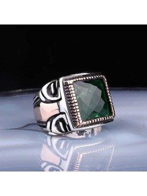 Inure Jewelry ​gümüş Kare Fasetli Yeşil Taşlı Erkek Yüzük