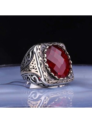 Inure Jewelry ​gümüş Fasetli Kırmızı Taşlı Kare Erkek Yüzük