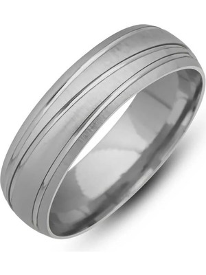 Inure Jewelry Gümüş Bombeli Çizgi Desenli Rodyum Alyans