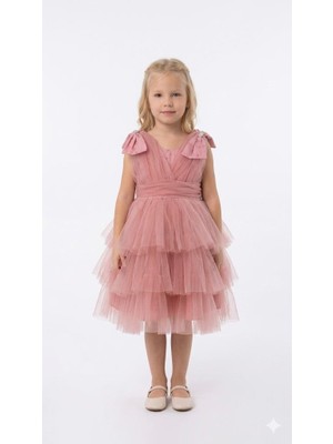 Rapapa Kız Çocuk Gül Kurusu Tül Elbise Fiyonk Detaylı Abiye Elbise - 09081